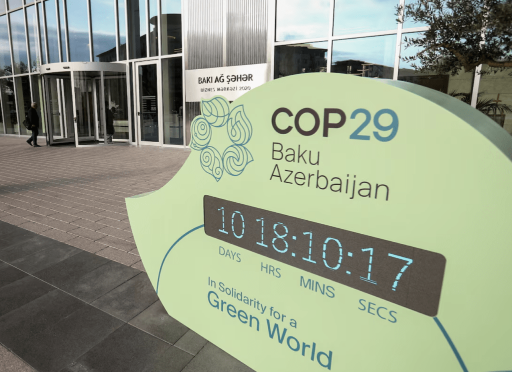 A countdown display for the COP29 United Nations Climate Change ...